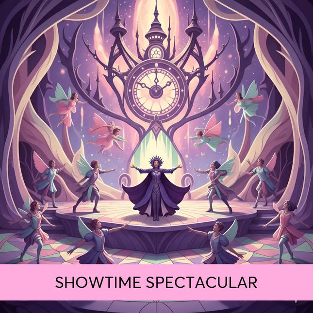 A grand ornate clock with glowing face and spires sets the scene for broadway musical gymnastics floor music