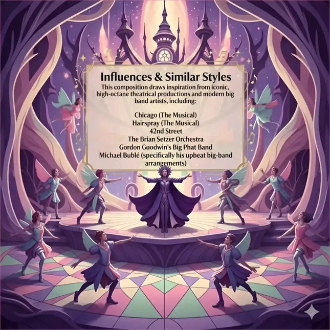 A purple-draped stage performer in a broadway musical scene with dancers and glowing musical gymnastics floor music motifs