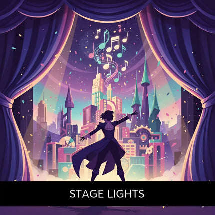 A silhouette performer in a dark gown stands under purple stage lights with swirling notes for broadway gymnastics floor music