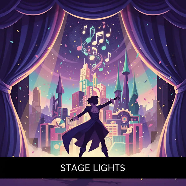 A silhouette performer in a dark gown stands under purple stage lights with swirling notes for broadway gymnastics floor music