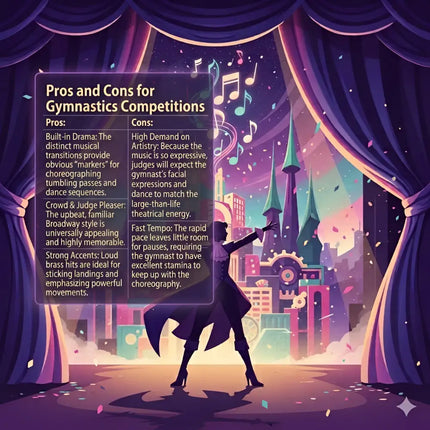 A silhouette of a performer in a flowing dark purple costume on stage under vibrant curtains for gymnastics floor music and broadway music with stage lights