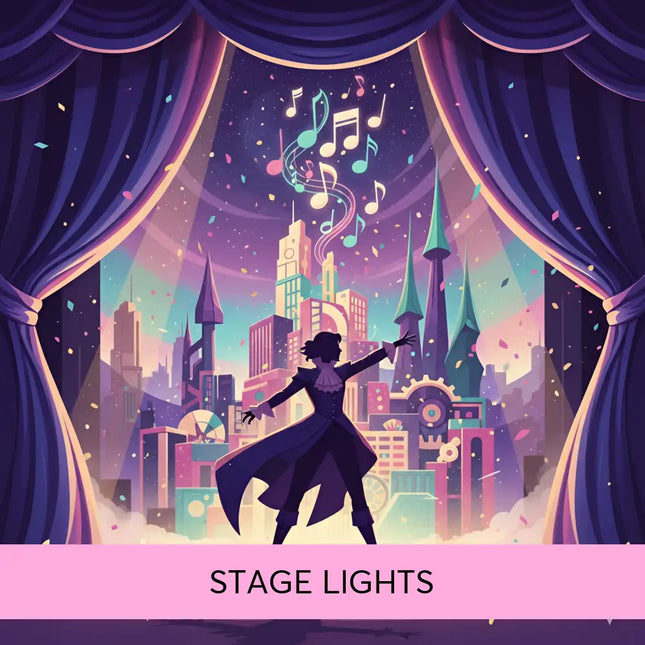 A silhouette performer in a dark gown stands under purple stage lights with swirling notes for broadway gymnastics floor music