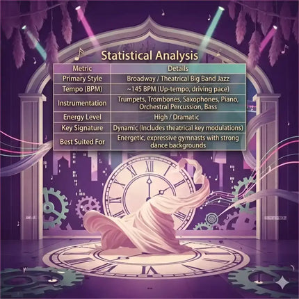 A stylized white fabric figure poses dynamically on a theatrical broadway musical gymnastics floor track with clock design