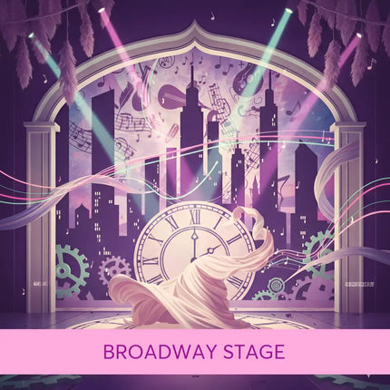 A pale pink flowing fabric drapes over a large roman numeral clock face on the broadway musical gymnastics floor track