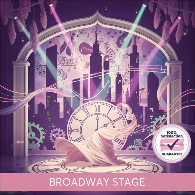 A pale pink flowing fabric drapes over a large roman numeral clock face on the broadway musical gymnastics floor track