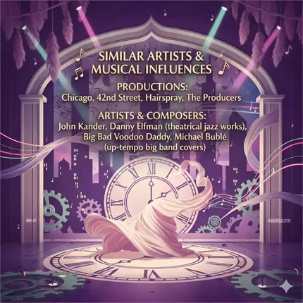 A pale pink fabric drapes over a large clock face on a broadway stage in a broadway musical gymnastics floor track setup