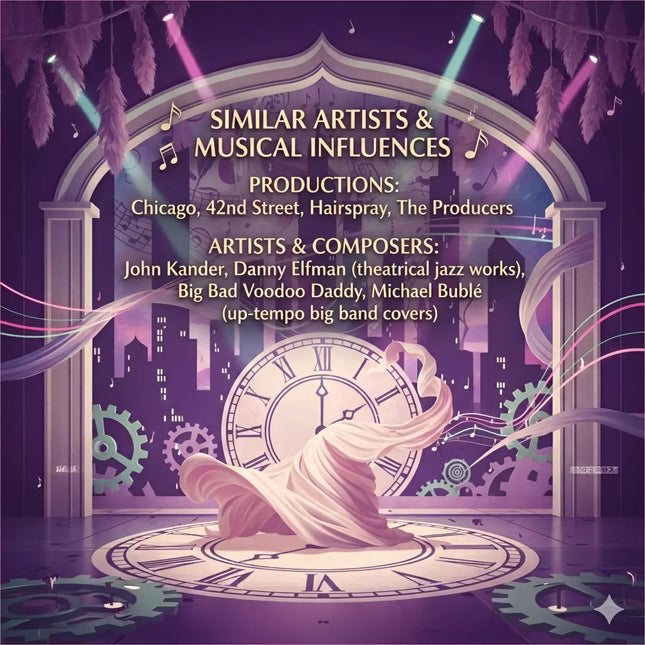 A pale pink fabric drapes over a large clock face on a broadway stage in a broadway musical gymnastics floor track setup