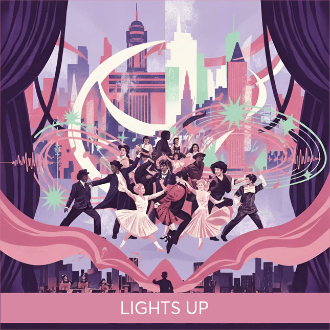 A vibrant broadway musical themed illustration with dancers and orchestra framing gymnastics floor music artwork