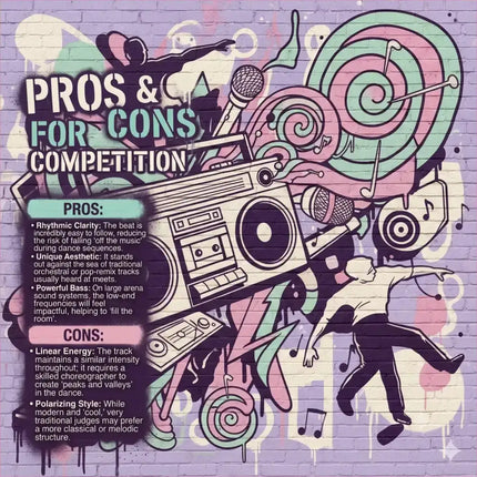 A carbon fiber hip hop gymnastics floor with a vibrant purple graffiti mural featuring a boombox and dancers