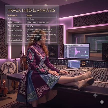 A woman in a purple and blue irish dress with celtic embroidery sits at a mixing console for gymnastics floor music