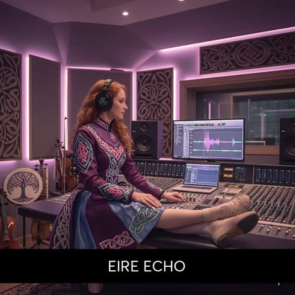 A woman in a long embroidered dress with celtic knotwork sits at a mixing console for irish gymnastics floor music