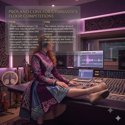 A woman in a maroon and teal celtic dress works on a professional audio console for irish gymnastics floor music