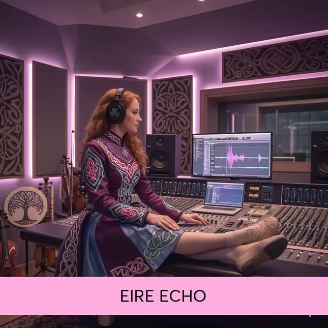 A woman in a long embroidered dress with celtic knotwork sits at a mixing console for irish gymnastics floor music