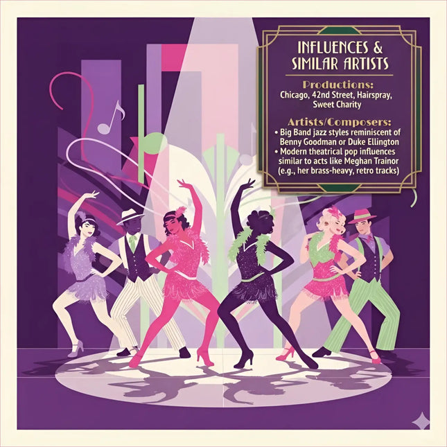 Vibrant 1920s style illustrated poster with dancers in sequined flapper dresses for broadway musical gymnastics floor music