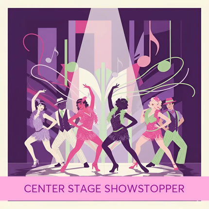 Vibrant illustration of six dancers in 1920s flapper attire under spotlight with musical notes for gymnastics floor music