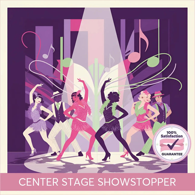 Vibrant illustration of six dancers in 1920s flapper attire under spotlight with musical notes for gymnastics floor music