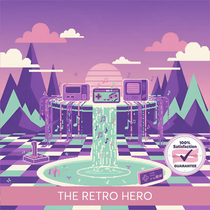 A retro-style purple video game console fountain with pixelated chiptune music notes, perfect for gymnastics floor music