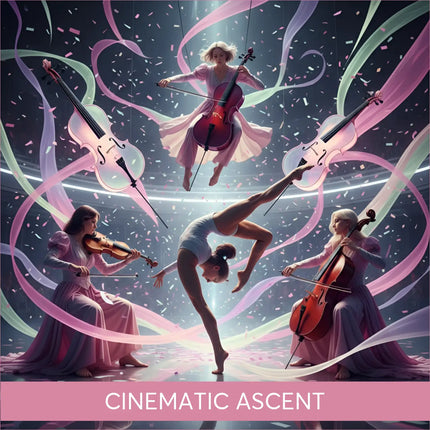 Woman in pink gown does acrobatic split amid floating violins in modern orchestral gymnastics floor music