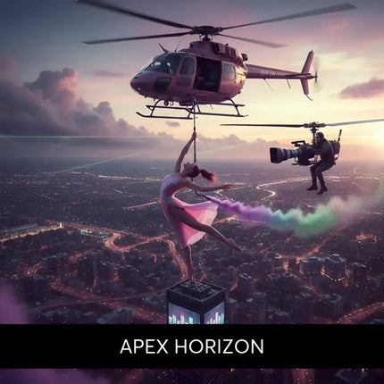 A dancer in a flowing pink gown performs mid-air above a skyscraper for epic apex horizon gymnastics floor music