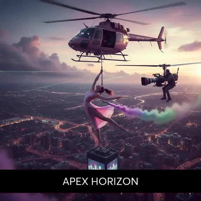 A dancer in a flowing pink gown performs mid-air above a skyscraper for epic apex horizon gymnastics floor music