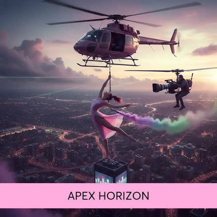 A dancer in a flowing pink gown performs mid-air above a skyscraper for epic apex horizon gymnastics floor music