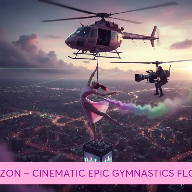 A dancer in a flowing pink gown performs mid-air above a skyscraper for epic apex horizon gymnastics floor music