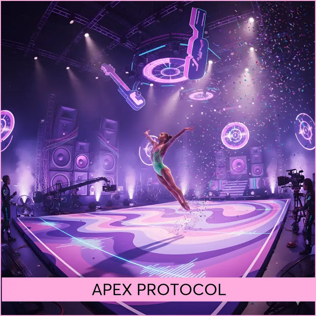 A glowing neon purple and blue guitar-shaped light fixture hanging above the stage for epic gymnastics floor music