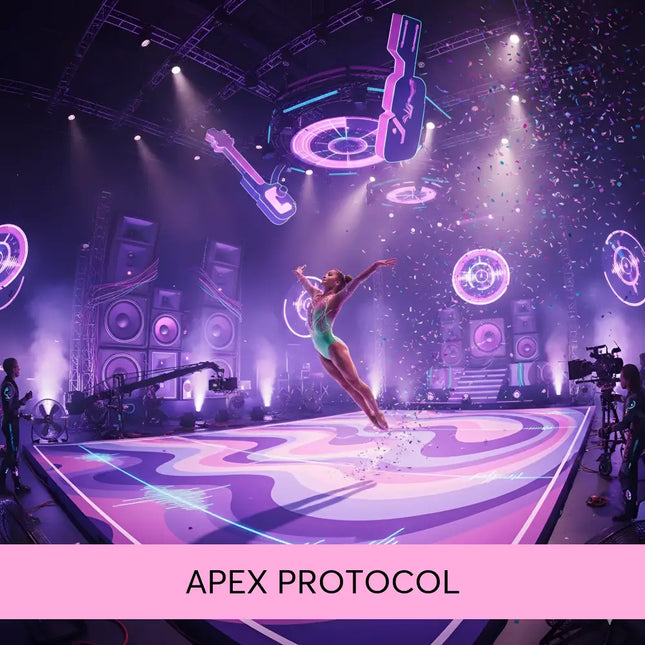 A glowing neon purple and blue guitar-shaped light fixture hanging above the stage for epic gymnastics floor music
