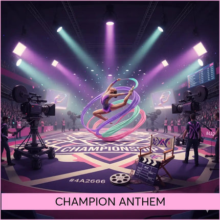 A gymnast in a sparkling purple and pink leotard performs with teal, lavender, and magenta ribbons for epic gymnastics floor music