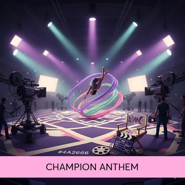 A performer in a sparkly black and silver leotard flips inside a glowing hoop in the epic gymnastics floor music anthem