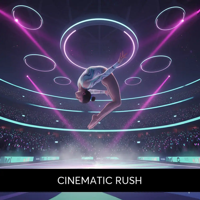 A gymnast in a white and blue leotard performs an epic aerial flip under neon rings for gymnastics floor music