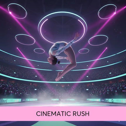 A gymnast in a white and blue leotard performs an epic aerial flip under neon rings for gymnastics floor music