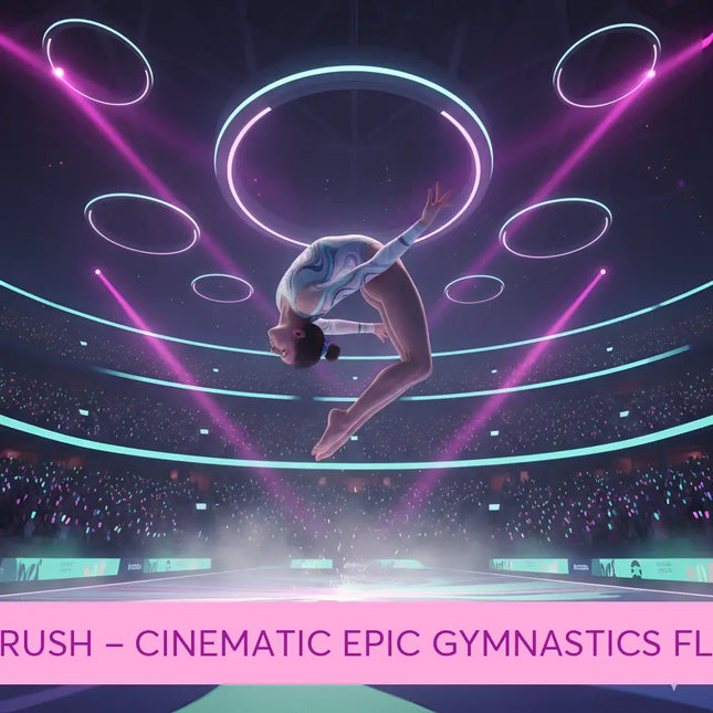 A gymnast in a white and blue leotard performs an epic aerial flip under neon rings for gymnastics floor music