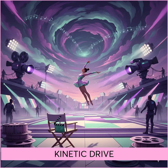 A ballet dancer in a teal and pink tutu leaps gracefully under swirling lights for epic kinetic drive gymnastics floor music