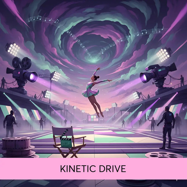 A ballet dancer in a teal and pink tutu leaps gracefully under swirling lights for epic kinetic drive gymnastics floor music