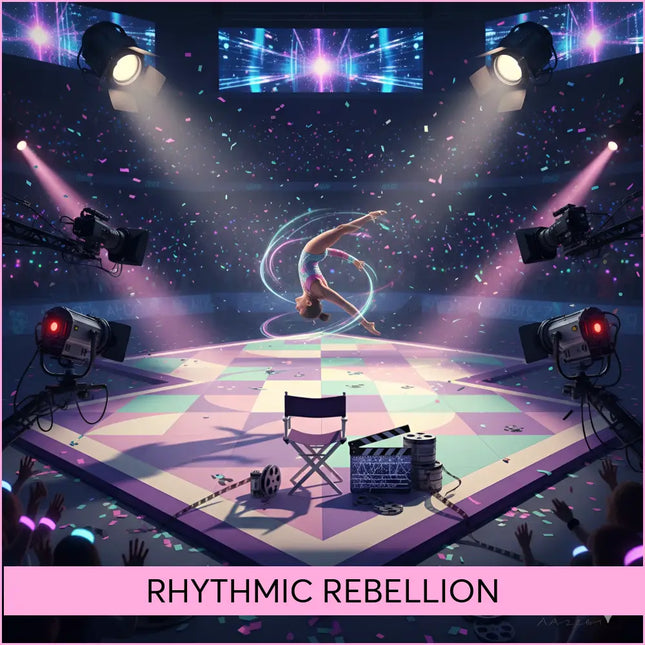 A glowing neon pink and blue gymnast performs an epic gymnastics floor music routine in a vibrant spotlight