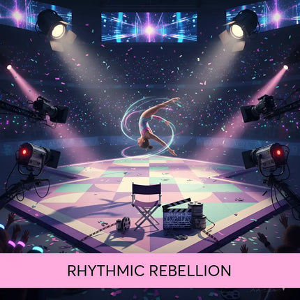 A glowing neon pink and blue gymnast performs an epic gymnastics floor music routine in a vibrant spotlight