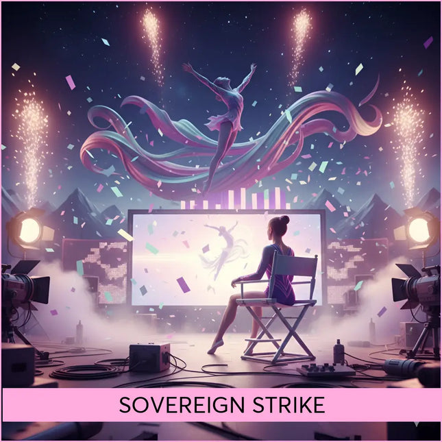 A woman in a purple leotard watches epic sovereign strike gymnastics floor music featuring a glowing dancer and fireworks