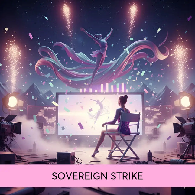 A woman in a purple leotard watches epic sovereign strike gymnastics floor music featuring a glowing dancer and fireworks