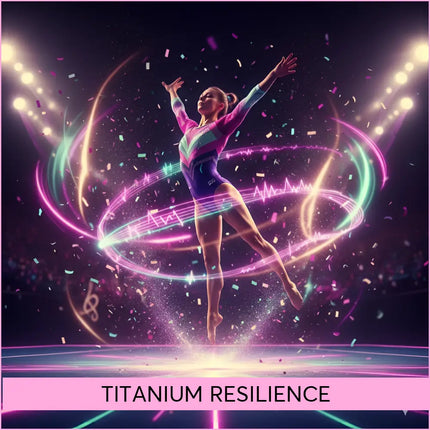 A neon-lit gymnast in a pink purple leotard performs mid-air with glowing rings background for gymnastics floor music