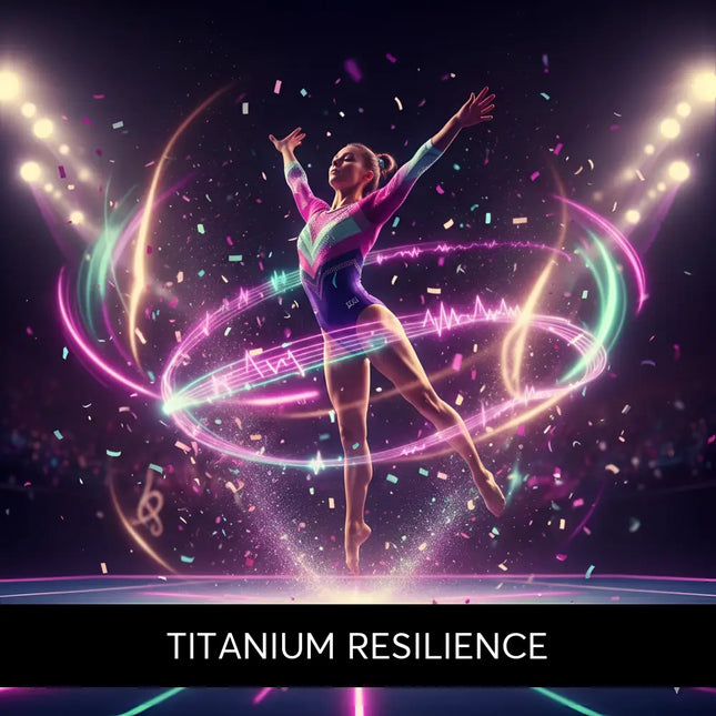A neon-lit gymnast in a pink purple leotard performs mid-air with glowing rings background for gymnastics floor music