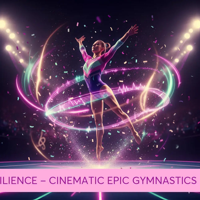 A neon-lit gymnast in a pink purple leotard performs mid-air with glowing rings background for gymnastics floor music