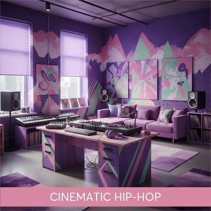Purple sectional sofa with geometric pillows for cinematic hip-hop gymnastics floor music