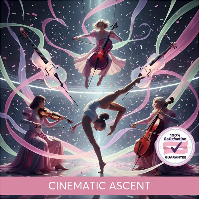 A woman in a flowing pink gown performs an acrobatic split surrounded by floating violins for modern orchestral gymnastics floor music