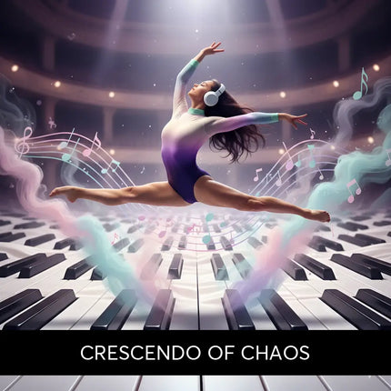A dancer wearing a gradient purple and white leotard with white headphones for gymnastics floor music