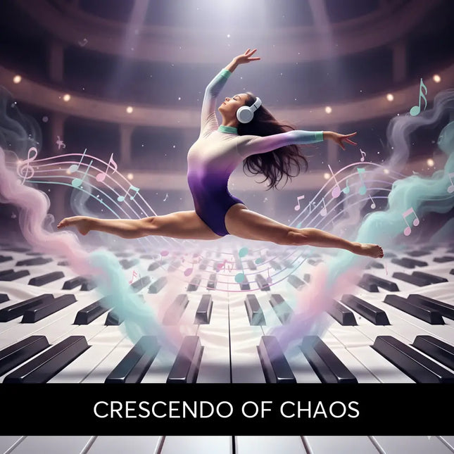 A dancer wearing a gradient purple and white leotard with white headphones for gymnastics floor music