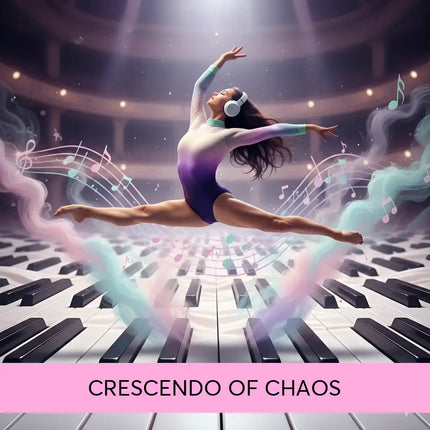 A dancer wearing a gradient purple and white leotard with white headphones for gymnastics floor music