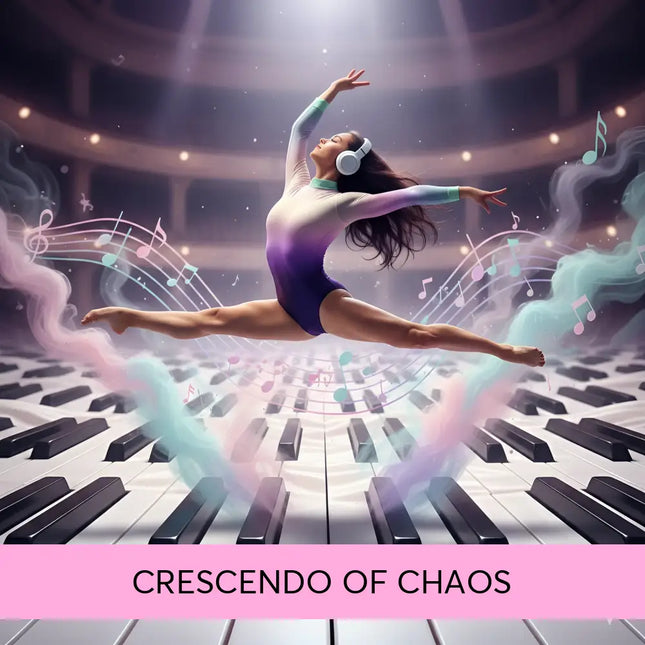 A dancer wearing a gradient purple and white leotard with white headphones for gymnastics floor music