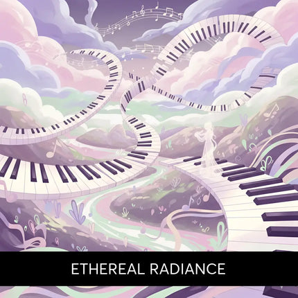 A whimsical pastel piano pathway illustration for lyrical piano gymnastics floor music in ethereal radiance product