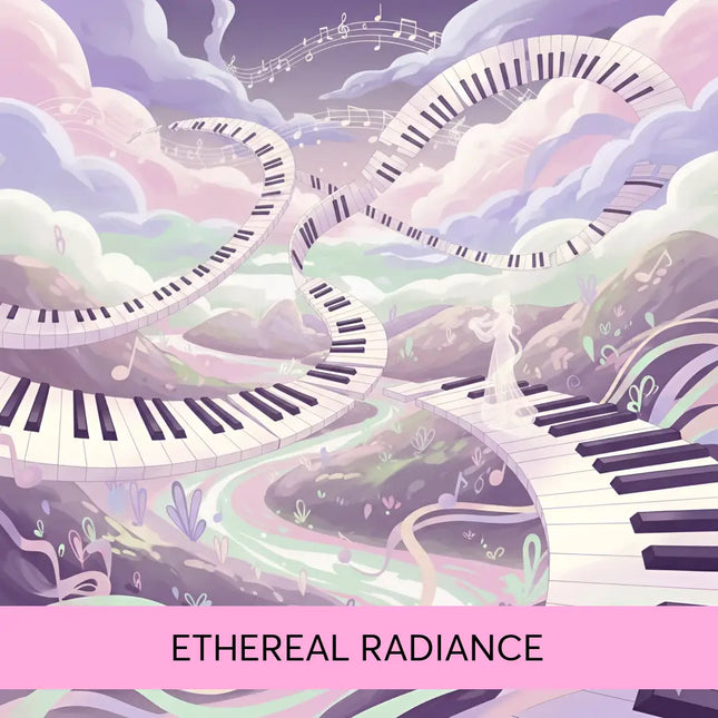 A whimsical pastel piano pathway illustration for lyrical piano gymnastics floor music in ethereal radiance product